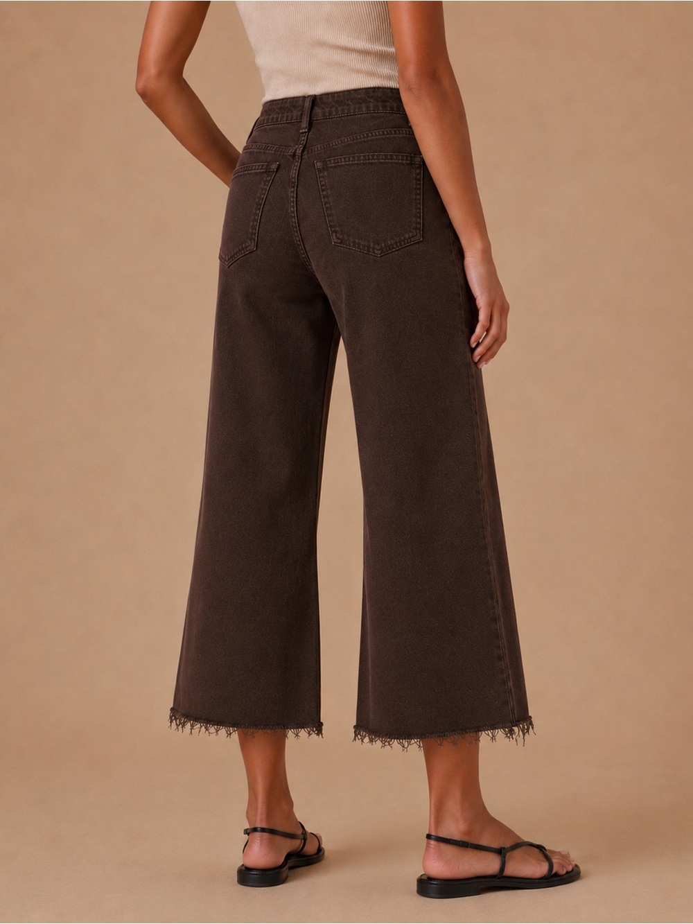 Zara Rich Chocolate Brown Wide Leg High Rise Frayed Hem Cropped Jeans Size 8 NWT - Picture 3 of 10